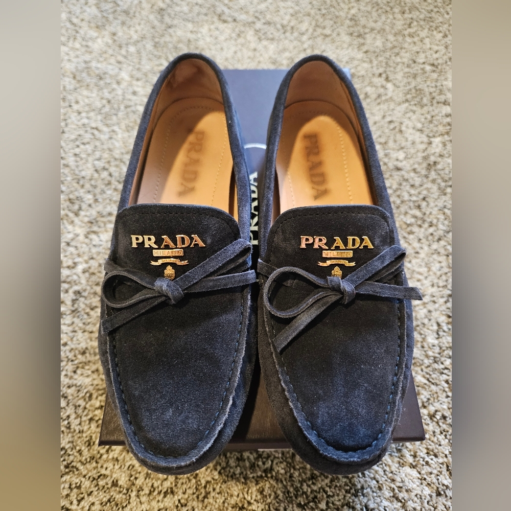 Blue suede prada loafers